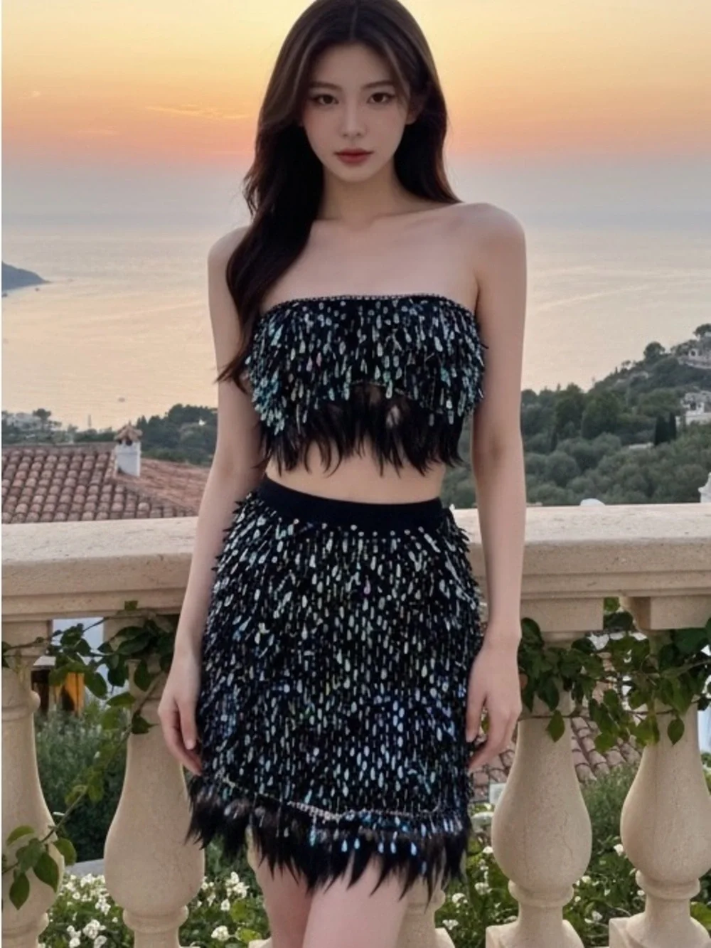 Hand beaded Sequin Fringe feathers Strapless top & Mini Skirt - Black iridescent